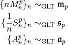 \{n M^p_n\}_n           & \sim_{\rm GLT} \mathfrak{m}_p
\\
\{\frac{1}{n} S^p_n\}_n & \sim_{\rm GLT} \mathfrak{s}_p
\\
\{  A^p_n\}_n           & \sim_{\rm GLT} \mathfrak{a}_p